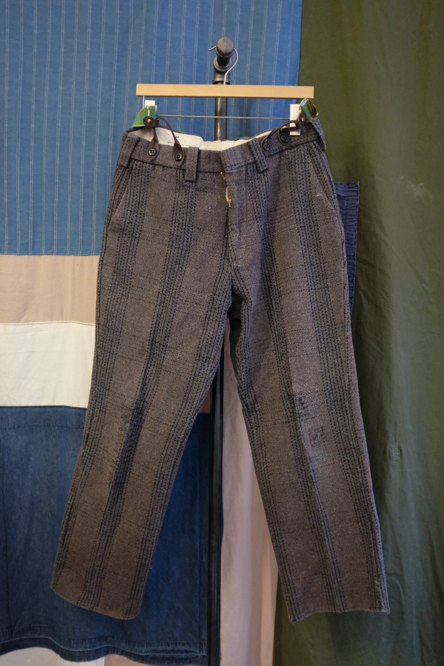 1940s Wool Plaid Trousers with Suspenders - Size 32
