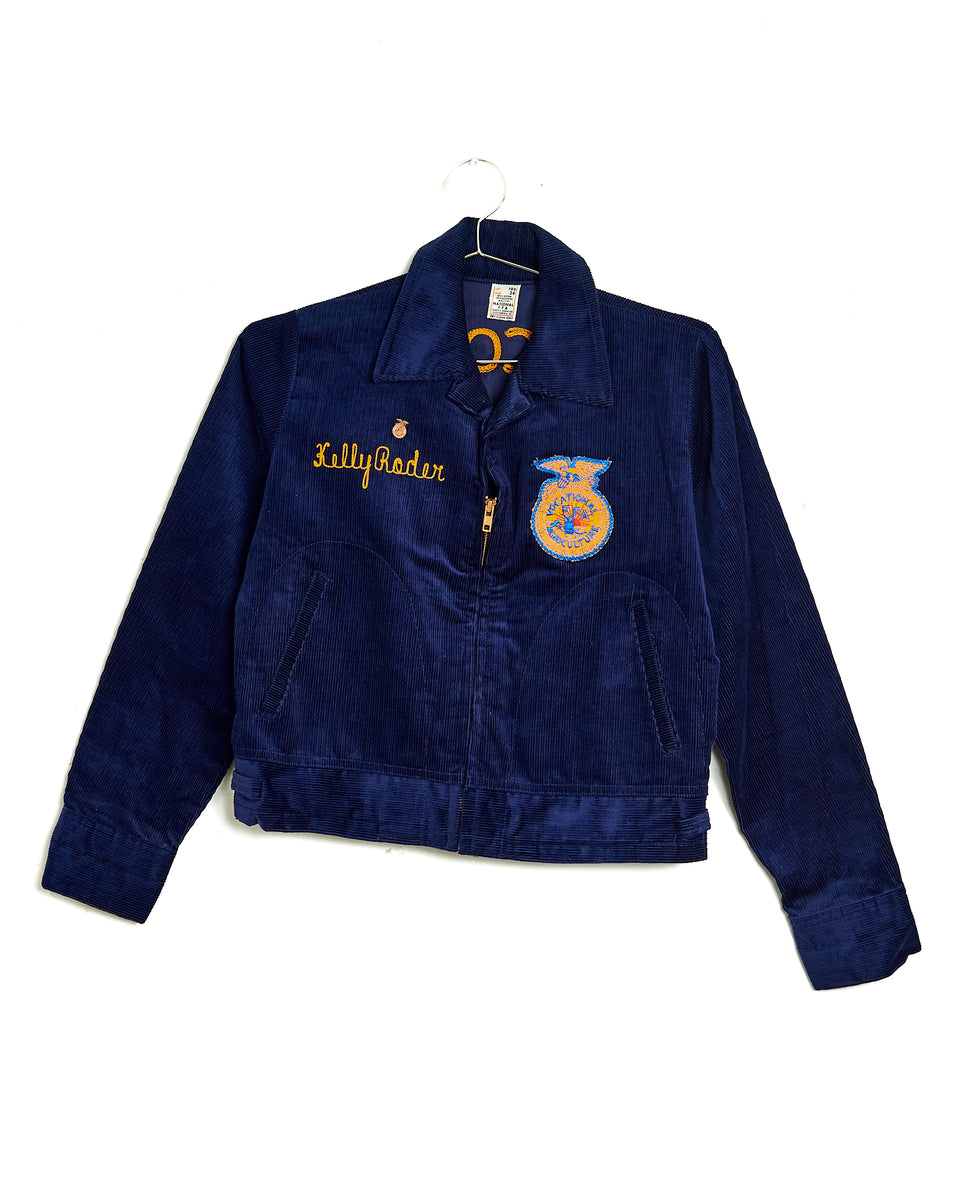 80s Vintage FFA Jacket: 80s -FFA- Mens midnight blue cotton corduroy button  cuff longsleeve zip front ffa zip jacket. Classic style with FFA  Agricultural Education log patch on the left chest and