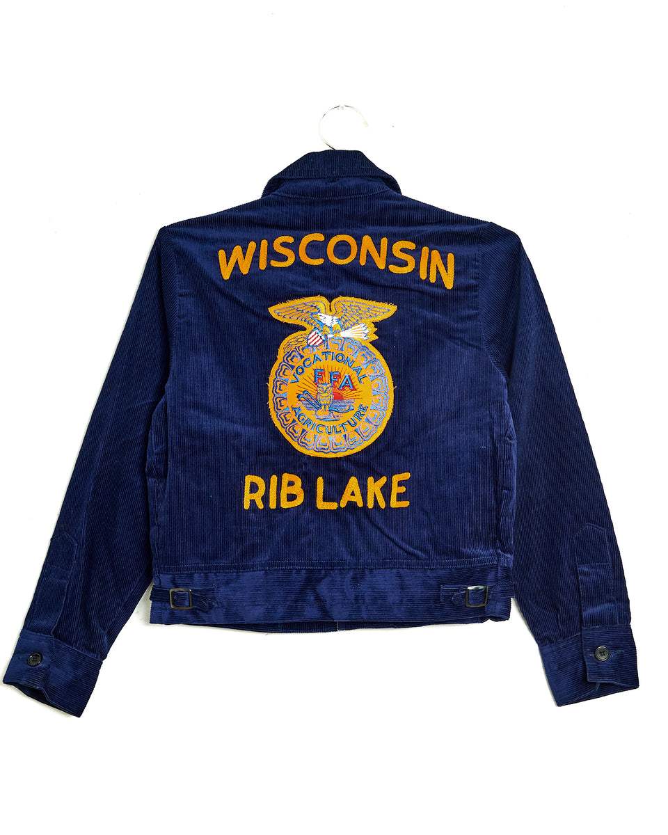 80s Vintage FFA Jacket: 80s -FFA- Mens midnight blue cotton corduroy button  cuff longsleeve zip front ffa zip jacket. Classic style with FFA  Agricultural Education log patch on the left chest and