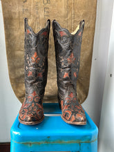 Load image into Gallery viewer, Goat Skin Cowboy Boots - Orange/Black - Size 6.5 M 7.5/8 W
