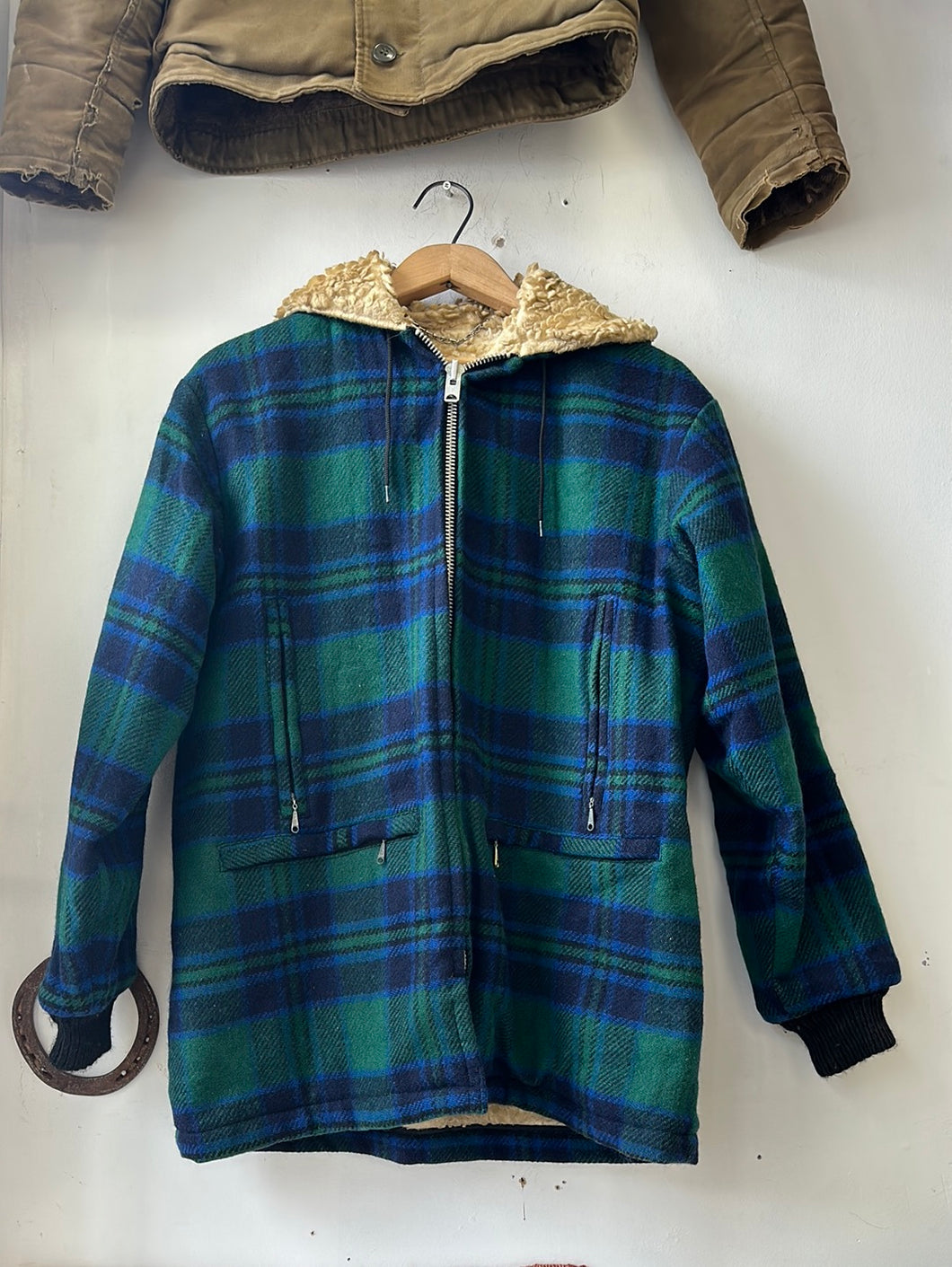 1970s Plaid Shearling Jacket w/ Hood