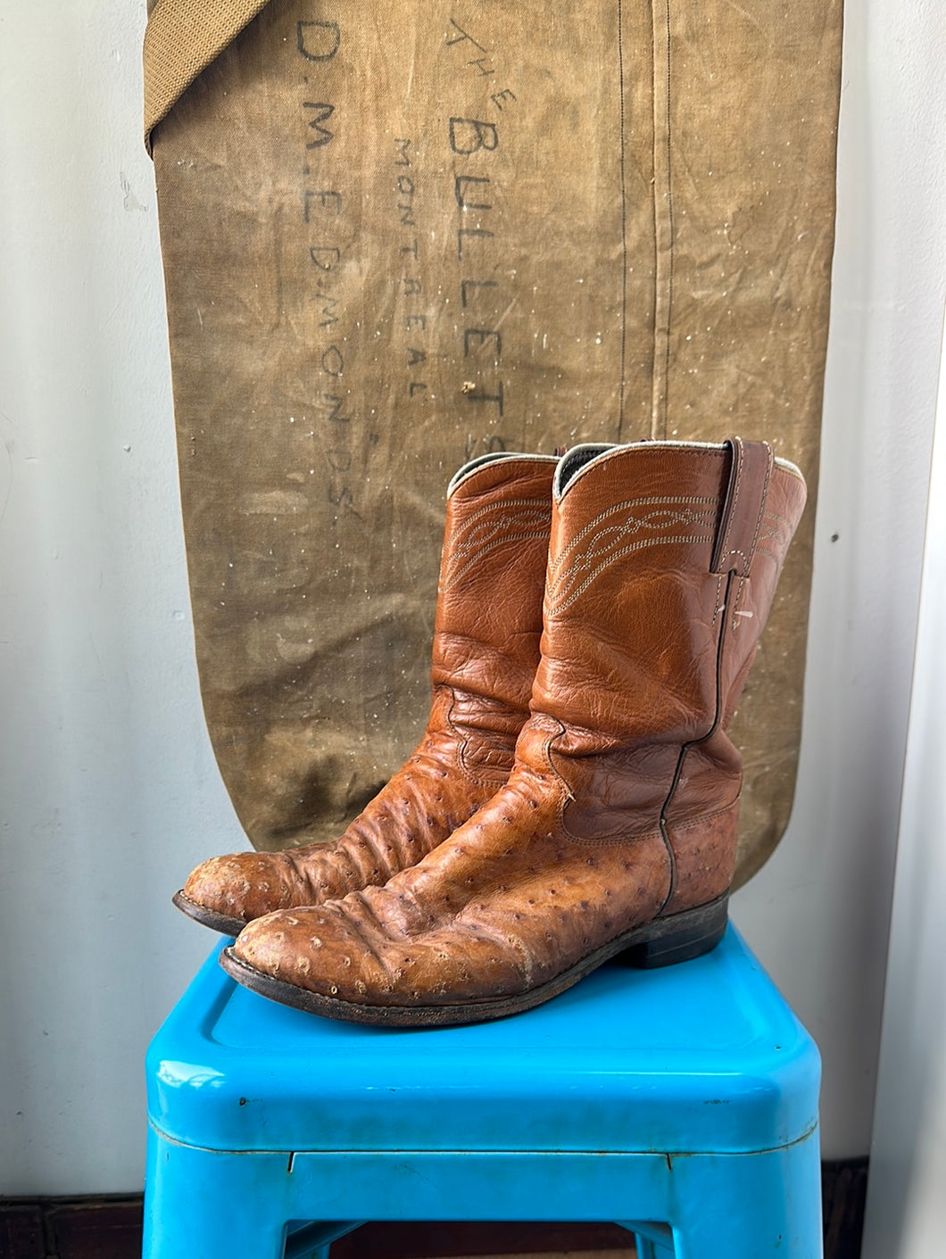 Justin Ostrich Cowboy Boots - Camel - Size 9 M 10.5 W