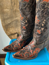 Load image into Gallery viewer, Goat Skin Cowboy Boots - Orange/Black - Size 6.5 M 7.5/8 W
