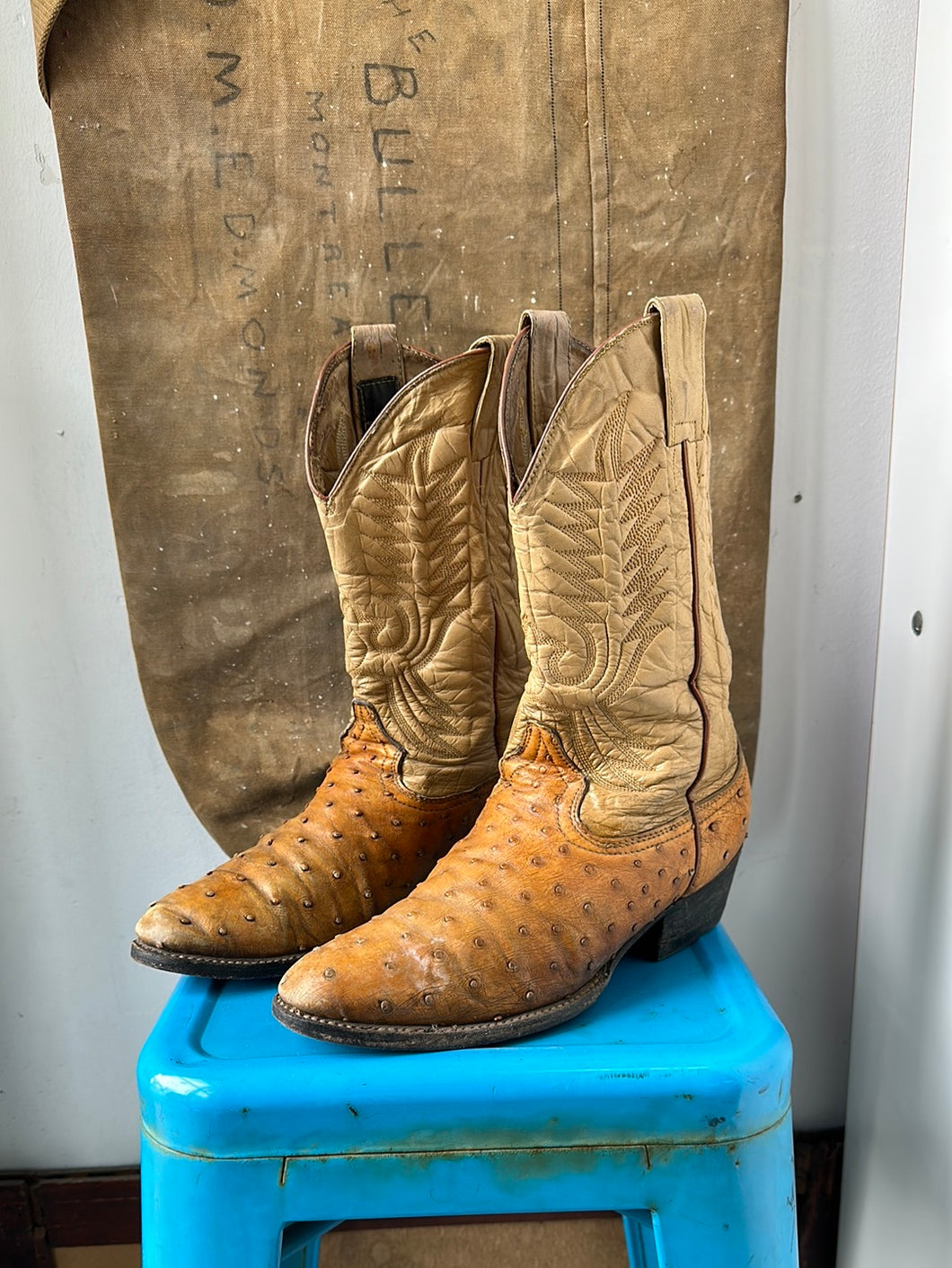 Ostrich Cowboy Boots - Cream/Brown - Size 9/10 M