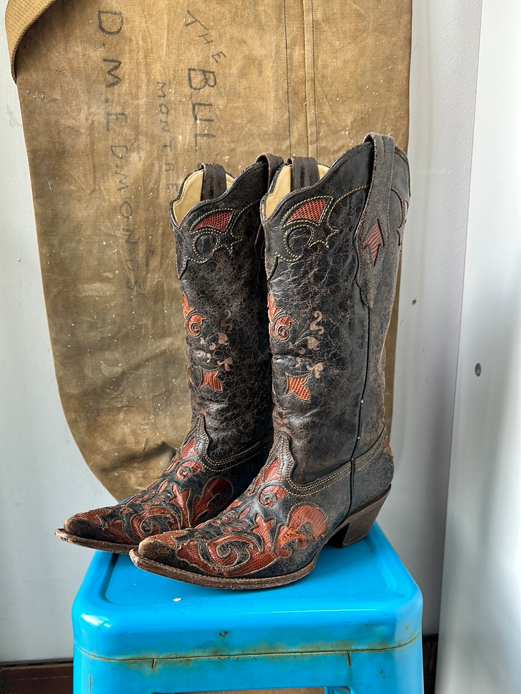 Goat Skin Cowboy Boots - Orange/Black - Size 6.5 M 7.5/8 W